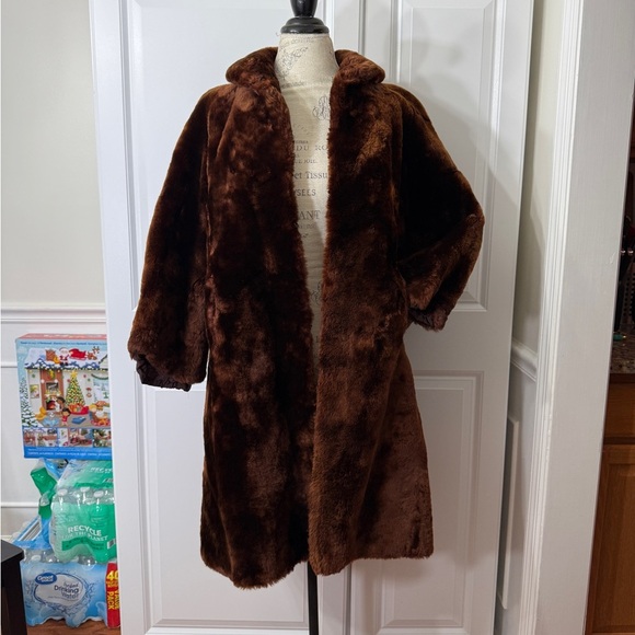 Vintage Real Fur Shearling Brown Trench Coat Size Medium Large - Picture 1 of 13
